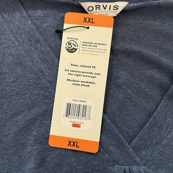 Orvis Top Size XXL Moonlight Blue Slub Linen V Neck Tee 3/4 Sleeve 1389464 - Picture 7 of 10